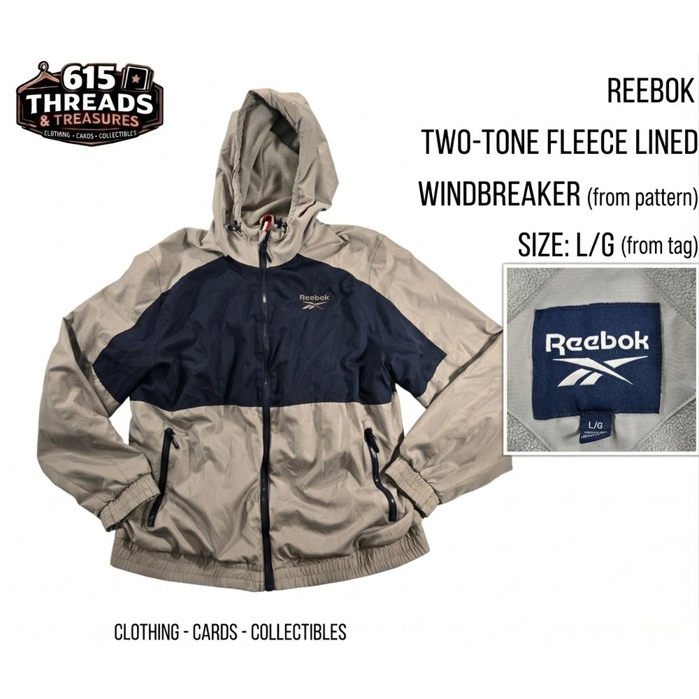 Reebok Windbreaker Jacket Mens Large Full Zip Hooded Gray Navy Blue Fleece Lined
